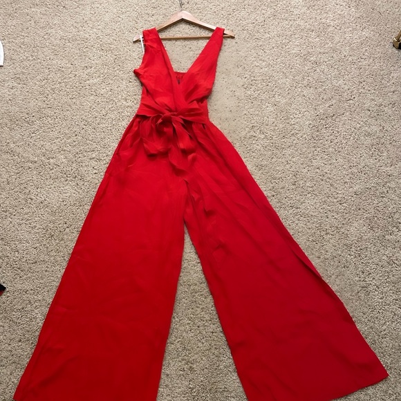 Waverly Grey Red Silk Halter Tie Jumpsuit - Picture 1 of 4